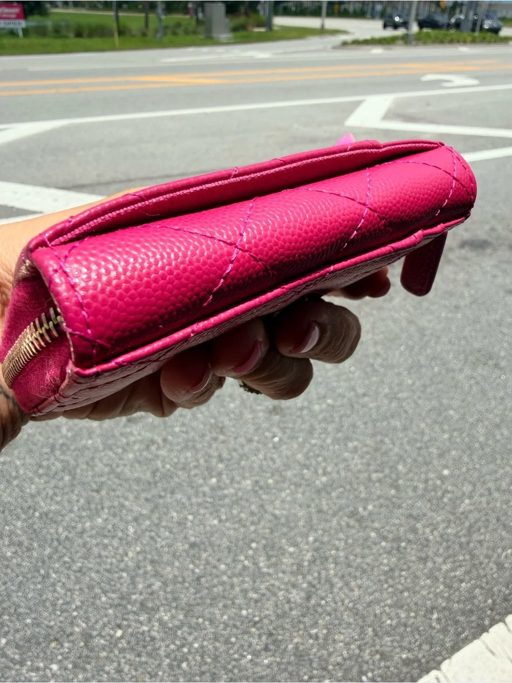CHANEL Hot Pink Quilted Zip Card Holder